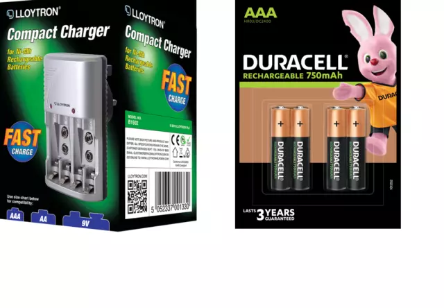 Lloytron Mains Battery Charger + 4 x Duracell AAA 750 mAh Rechargeable Batteries