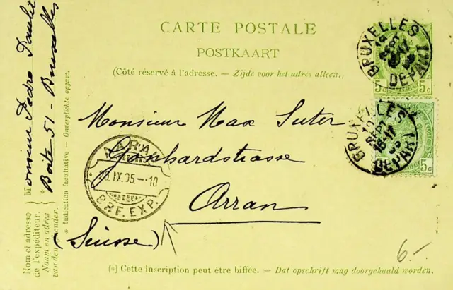 Belgique 1905 5c Revalorisé Sur 5c Postal Carte De Bruxelles To Aarau Suisse