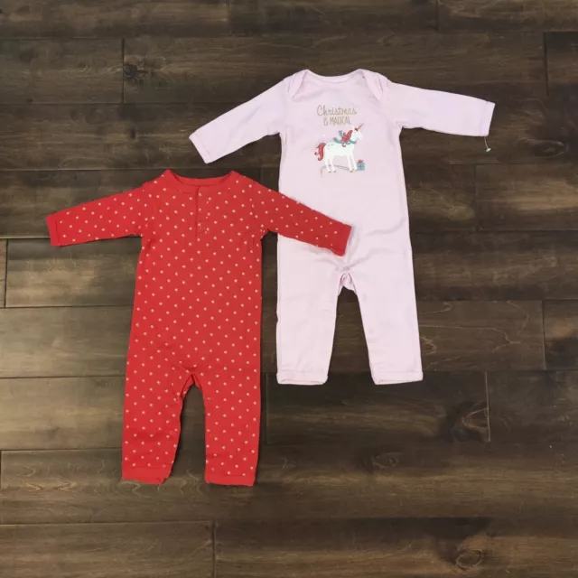 Christmas Baby Bodysuit Set 3-6 Months Pink Unicorn & Red Stars Bodysuit Bundle