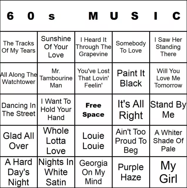 100 60s Music Bingo Cards Printed And Laminated With Playlists