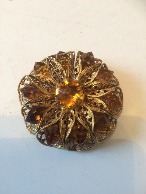 Broche Ancienne Vintage En Métal Argenté Avec Pierre Orange - Occasion En Bon état