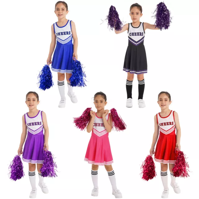 UK Kids Girls Cheerleader Uniform Costume Outfits Dress wihth Socks and Pom Pom