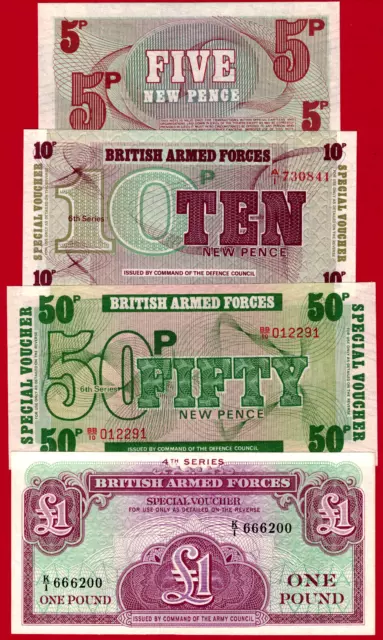 UK British Armed Forces (BAF) UNC NOTES - 5, 10, 50 Pence & 1 Pound Series 4-6