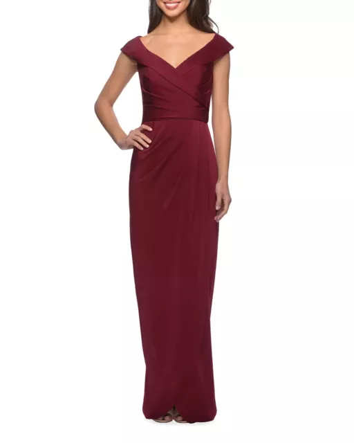 La Femme Burgundy Off-the-Shoulder Ruched Jersey Column Gown Size 2 Orig $338