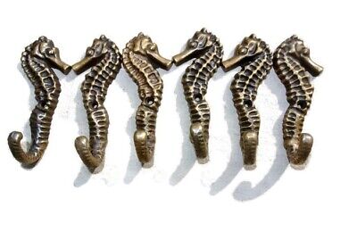6 small SEAHORSE BRASS HOOK COAT WALL MOUNTED HANG TROPICAL old style hook 3" B