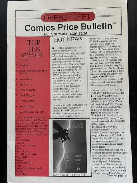OVERSTREET Comics Price Bulletin #1, Summer 1986