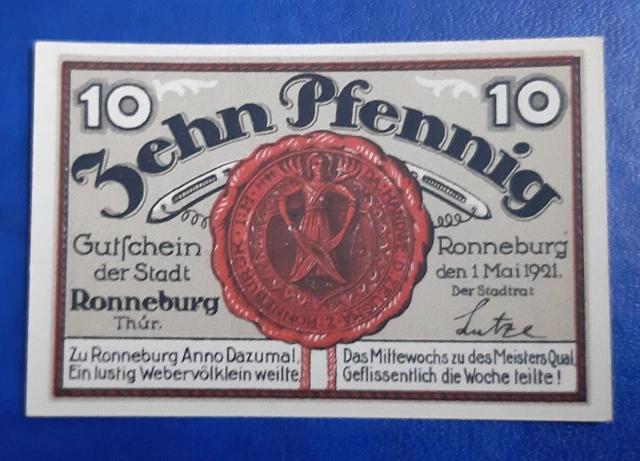 Ronneburg Notgeld 10 Pfennig 1921 Emergency Money Germany Banknote (27045)
