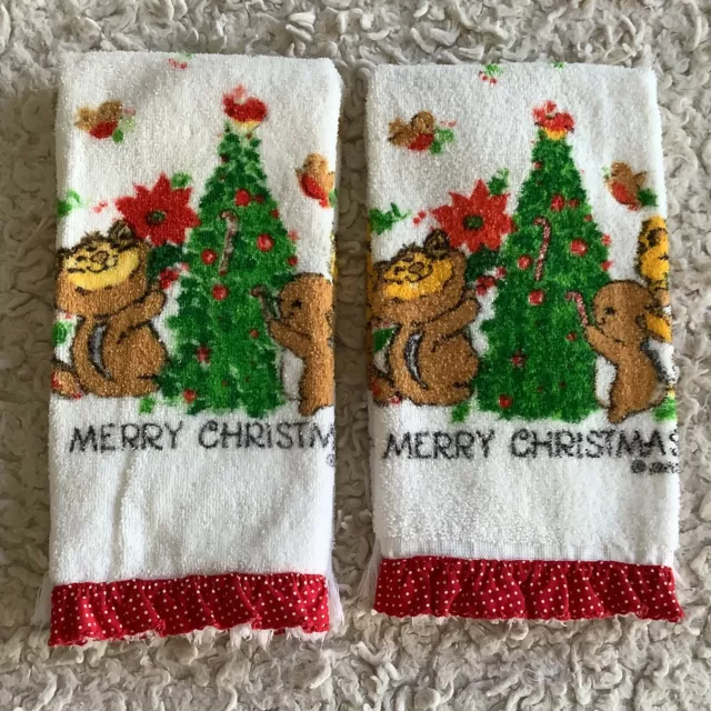 2 Vintage 80s bunny chicks red white Christmas ruffled hand bath towels 16"x25"