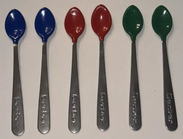 x6 Vintage GERBER Baby Spoons Soft Bite Tip USA Stainless Steel Lot Set NOS 5.5" 2