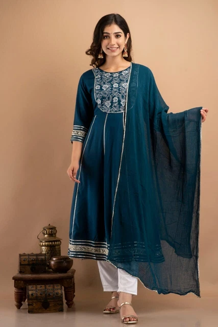 embroidery Handwork anarkali long salwar kurti pant and dupatta for gifted women
