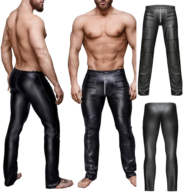 Durable Hommes Pantalon Brillant Slim Fit Effet Mouillé Noir Clubbing Jambières