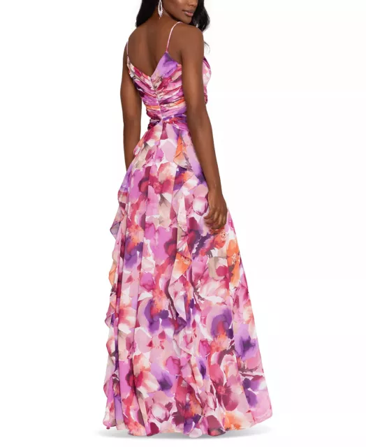 XSCAPE Gown Size 8 Chiffon Pink Floral Cut Out Ruched Ruffled Thigh Slit NWT 279 3