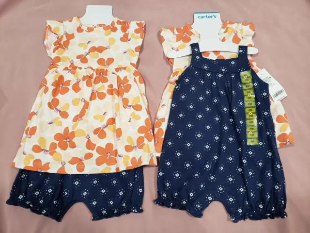 Carters Baby Girls 3 Pc Dress & Bodysuit Set Orange & Navy in Sizes 3, 6, 9 mos