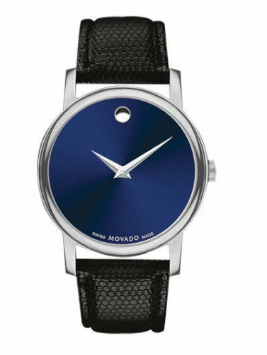 Quadrante blu nuovo con etichette Movado Museum pelle nera da uomo 2100009