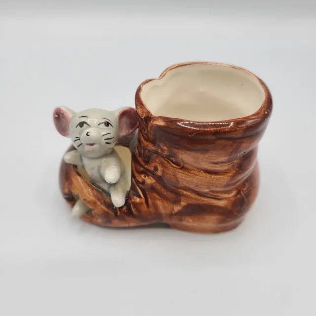 VTG Japan Ceramic Mouse in Boot Shoe Cobbler Toothpick Holder Planter Gray Brown