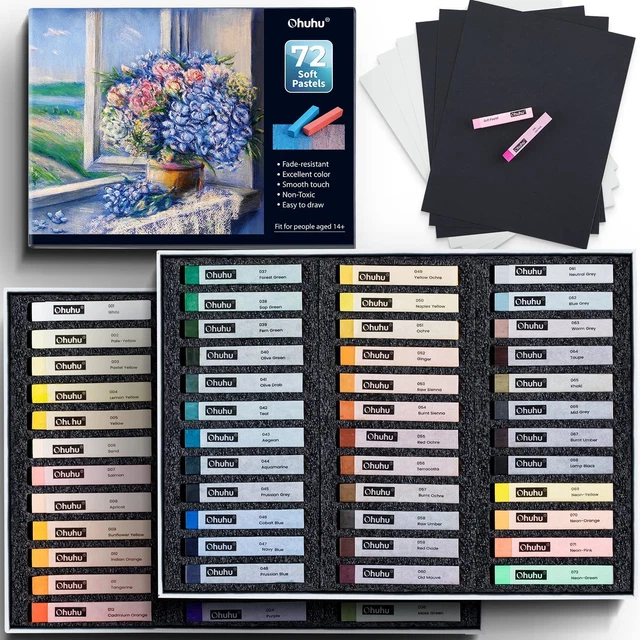 Juego de 72 pasteles largos de tiza: 72 pasteles suaves para artistas, incluidos 4 fluorescentes C