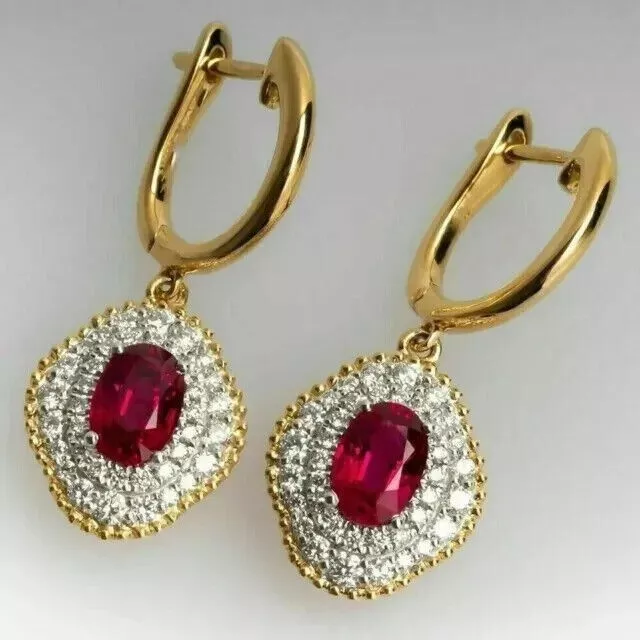 2.0CT Drop-Dangle Earring Oval Cut Lab-Created Garnet 14k Yellow Gold Plated