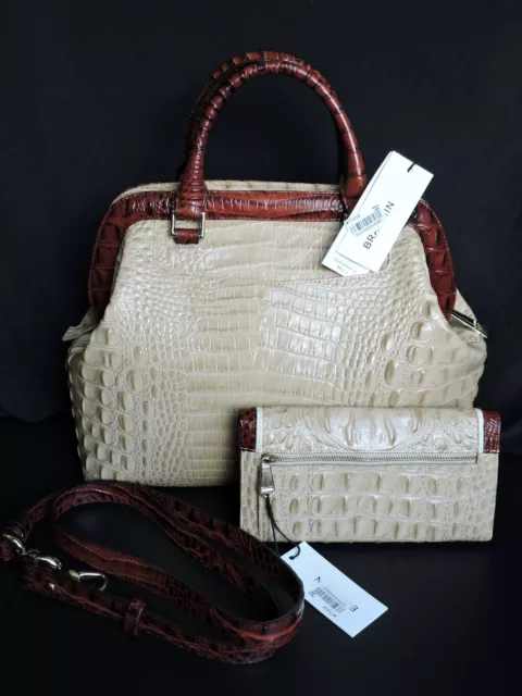 Brahmin Bristol Satchel Twil Tan Cream Pecan Croc Emboss & Checkbook Wallet NWT 2