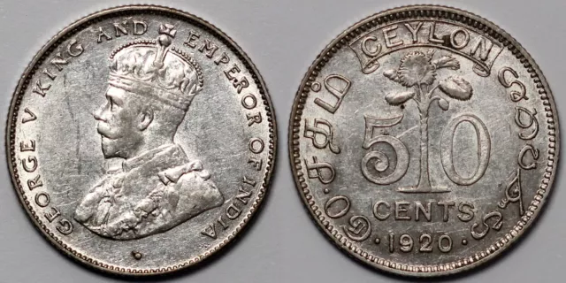 Ceylon 1920-B 50 Cents 50C George V KM# 109a World Silver Coin