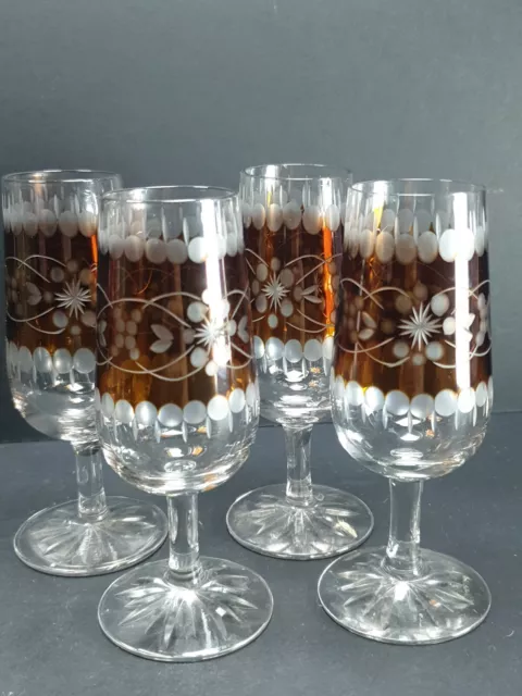 4x Vintage Bohemian Red Cut To Clear Crystal Glass Sherry Liqueur Glasses 5"