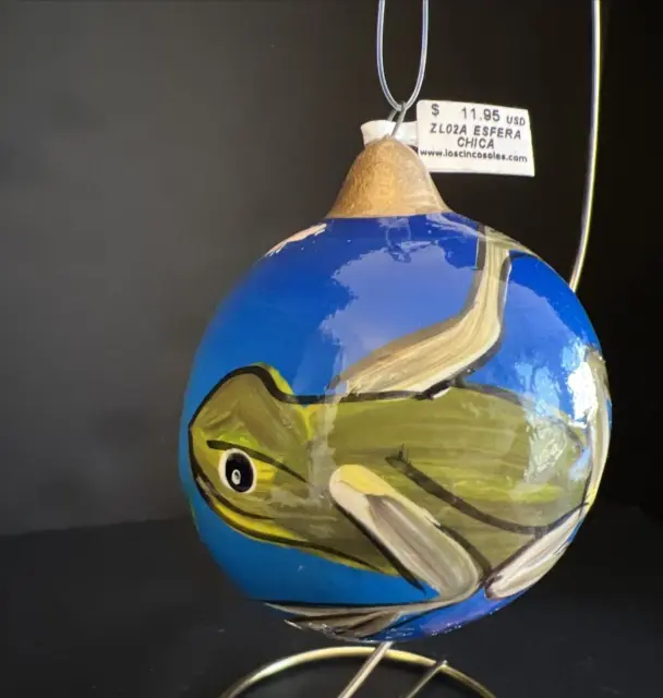 Mexican Folk Art Paper Mache ? Christmas Ornament Hand Painted Round Frog Blue