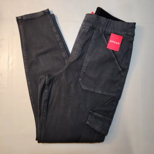 Spanx Stretch Twill Ankle Cargo Pant L Washed Black Gray Tummy