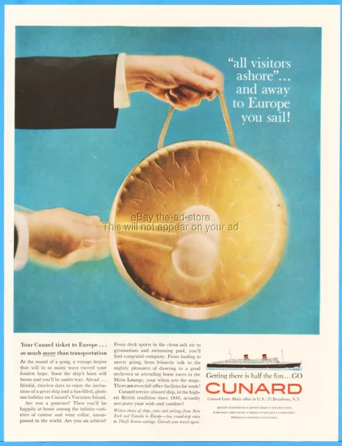 1960 Cunard Line Queen Elizabeth Queen Mary Cruise Ship Visitors Ashore Gong Ad