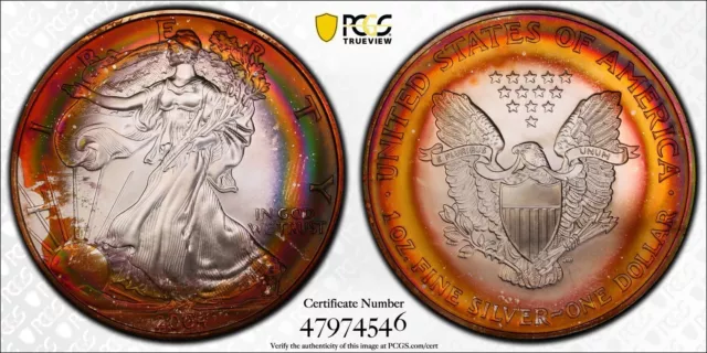 2004 MS69 American Silver Eagle PCI Rainbow Toned PCGS +Video