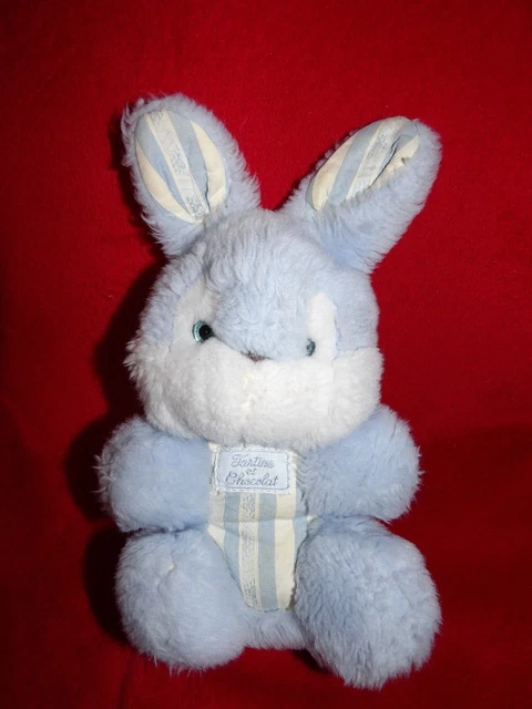 Doudou Tartine Et Chocolat Peluche Lapin Assis Blanc Vichy Bleu Ciel 18/24 CM
