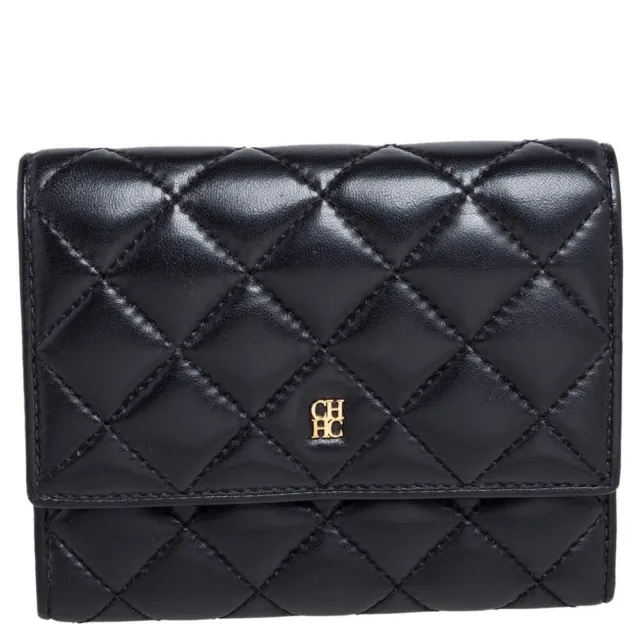 CH CAROLINA HERRERA Black Quilted Leather Logo Trifold Wallet $259.99 ...