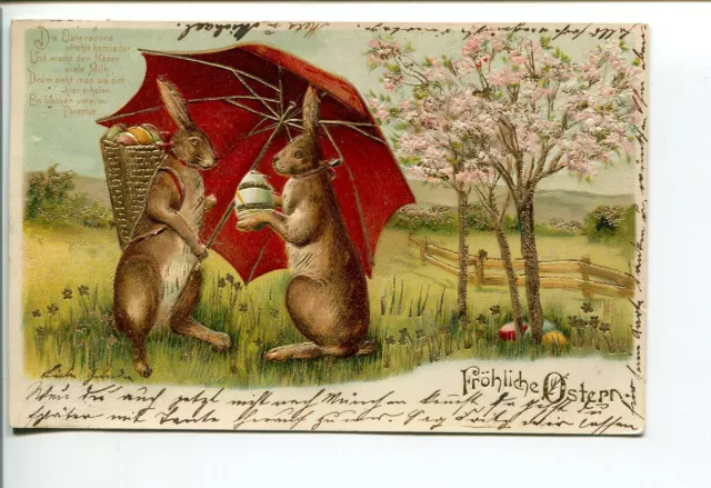 Präge AK Frohe Ostern 1904: Hasen unter einem Regenschirm, Golddruck