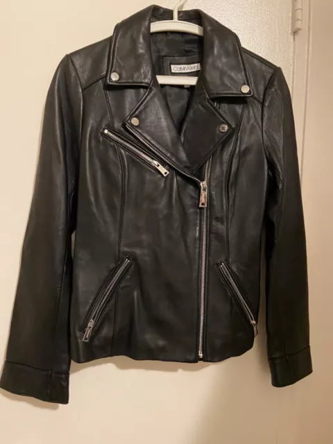 NWOT Calvin Klein Black Leather Moto Bike Jacket  Size S