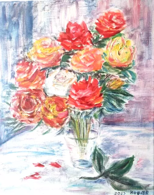 Peinture originale Roses. Huile sur toile de l'artiste ukrainien. 50 cm x 40 cm