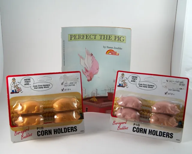 8 Pink Pig Corn Holders 1993 by Barnyard Buddies Plus Book "Perfect The Pig"