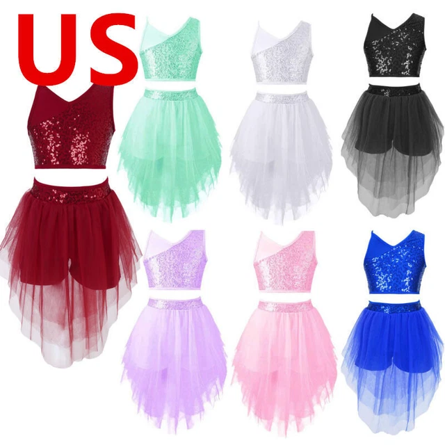 US Kids Girls Crop Top with Skirt Gymnastics Leotard Lyrical Dance Set Ballroom