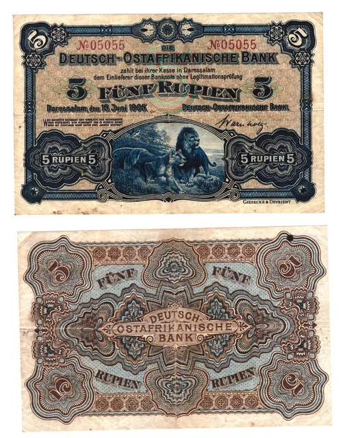 r Reproduction Paper - German East Africa 5 Rupees Rupien 1905  Pick #1  661