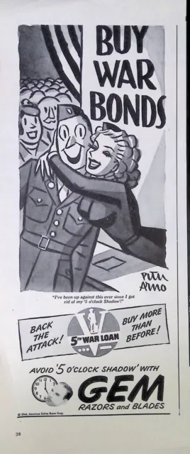 Vintage Print Ad 1940's WWII Gem Razors Peter Arno Art Soldier Buy War Bonds