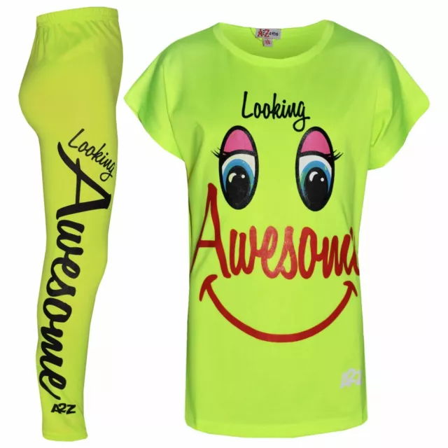 Girls Top Kids Designer's Looking Awesome Print Neon Green T Shirt & Legging Set