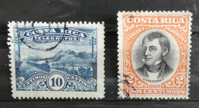 Lot de 2 timbres Costa Rica 1901 Juan Mora 2 c et 1907 train 10 c