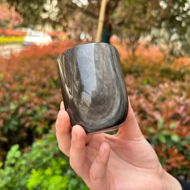 0.5 LB 2.7" Natural Sliver Obsidian Tongue Cup Crystal Quartz Carving Healing