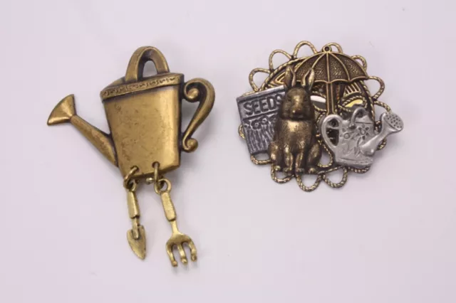Stamped Brass Lot 2 Vtg Pin Brooch Spring Time Garden Seeds Watering Can Bunny