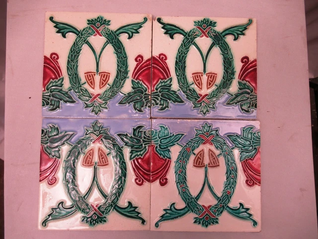 Antique Tile Art Nouveau Garland Flowers Leaf Design Porcelain 4 Pc Lot Old "655