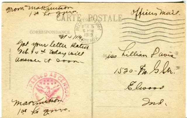 1919 USA Army AEF Bordeaux Office Cover to Elwood IN on Menton France postcard