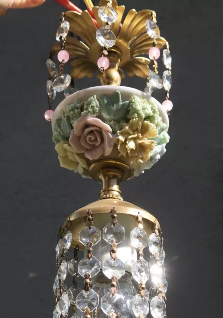 Vintage lamp Porcelain Pink Rose floral Brass tole chandelier Swag crystal beads