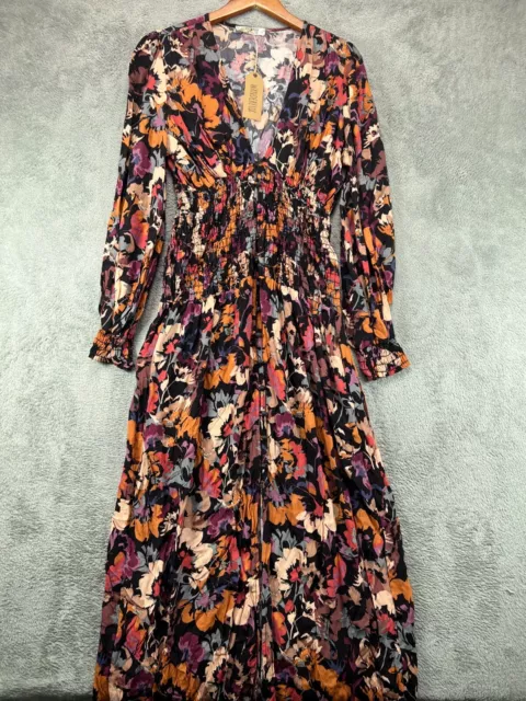 NWT WANDERLUX Penelope Maxi Dress Womens XL Boho Black Floral Smock Long Sleeve