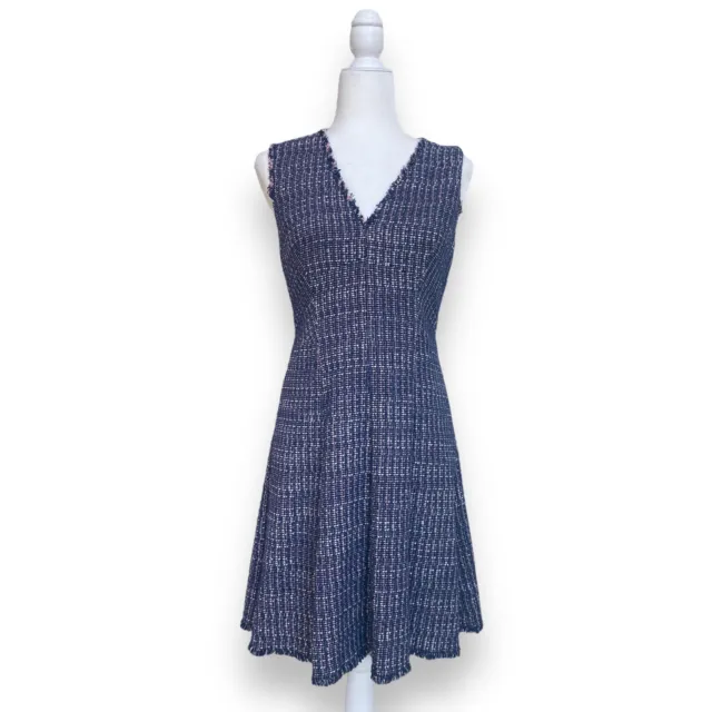 Rebecca Taylor Size 6 Blue Tweed Sleeveless V Neck Fit and Flare Dress