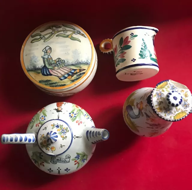 rare lot ancien pot pichet tasse bonbonnière HENRIOT QUIMPER faience collection