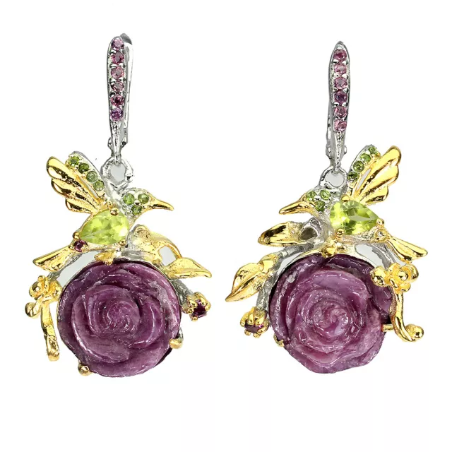 Handcraft Rose Carving Red Ruby 14mm Peridot Gems 925 Sterling Silver Earrings