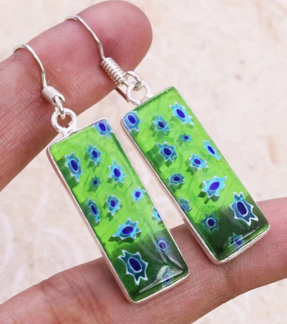 Dichroic Glass 925 Silver Plated Handmade Earrings of 1.7" Ethnic Gift