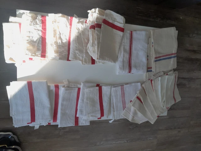 LOT DE 6 ANCIENS TORCHON EN LIN OU CHANVRE LITEAUX BLEU ET JAUNE 73cm X